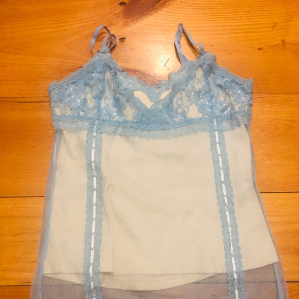 Blue lace over tan tank top